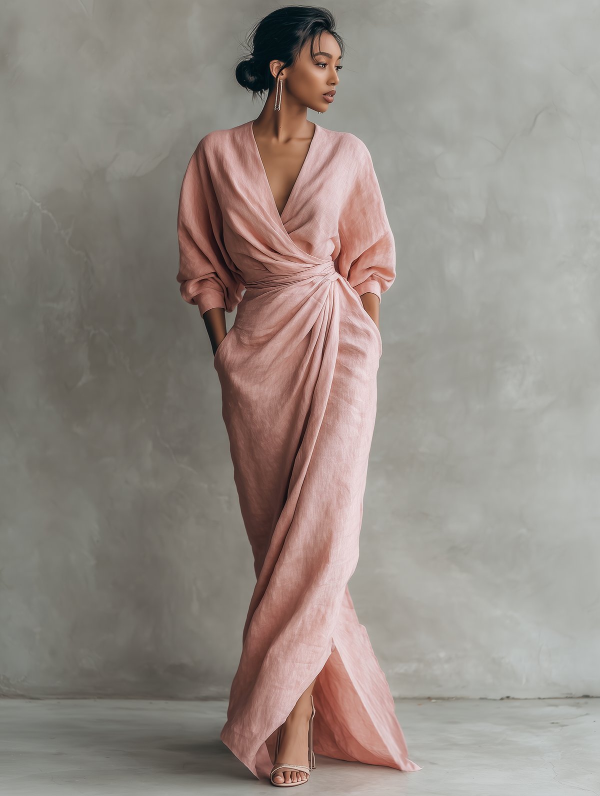 Vestido Maxi Minimalista Rosa con Escote en V para Mujer