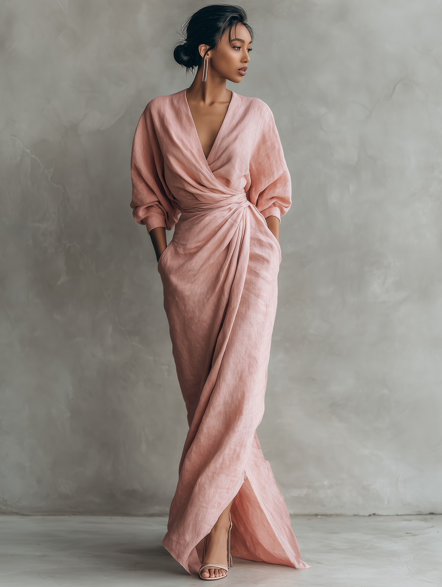 Vestido Maxi Minimalista Rosa con Escote en V para Mujer