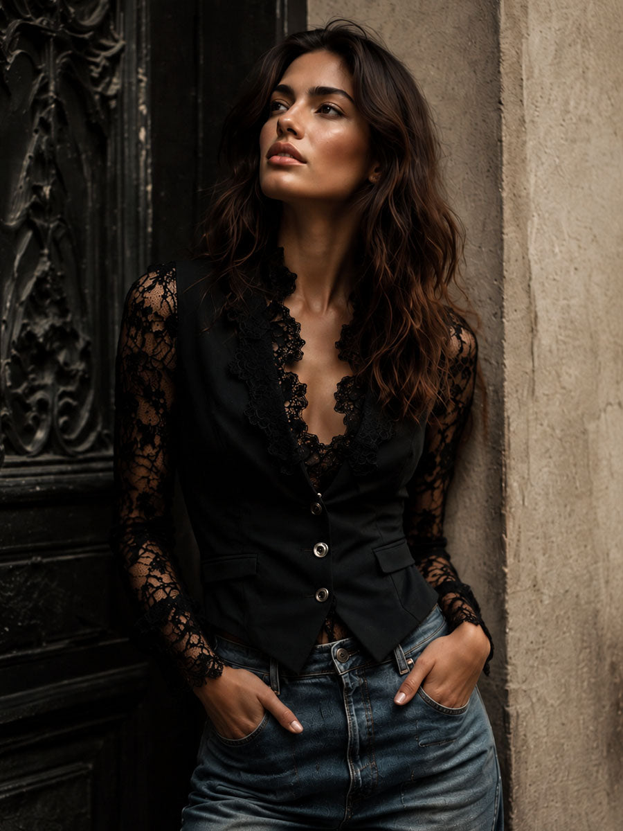 VICTORIA | BLAZER NEGRO CON MANGAS SEMITRANSPARENTES