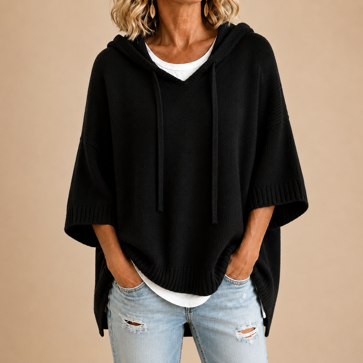 Oriana | Poncho de Punto con Capucha y Mangas Tres Cuartos