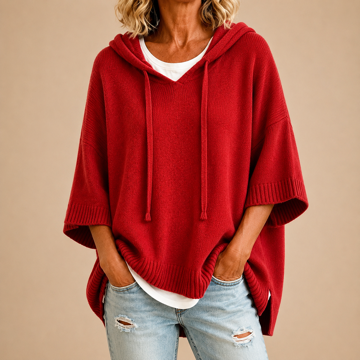 Oriana | Poncho de Punto con Capucha y Mangas Tres Cuartos