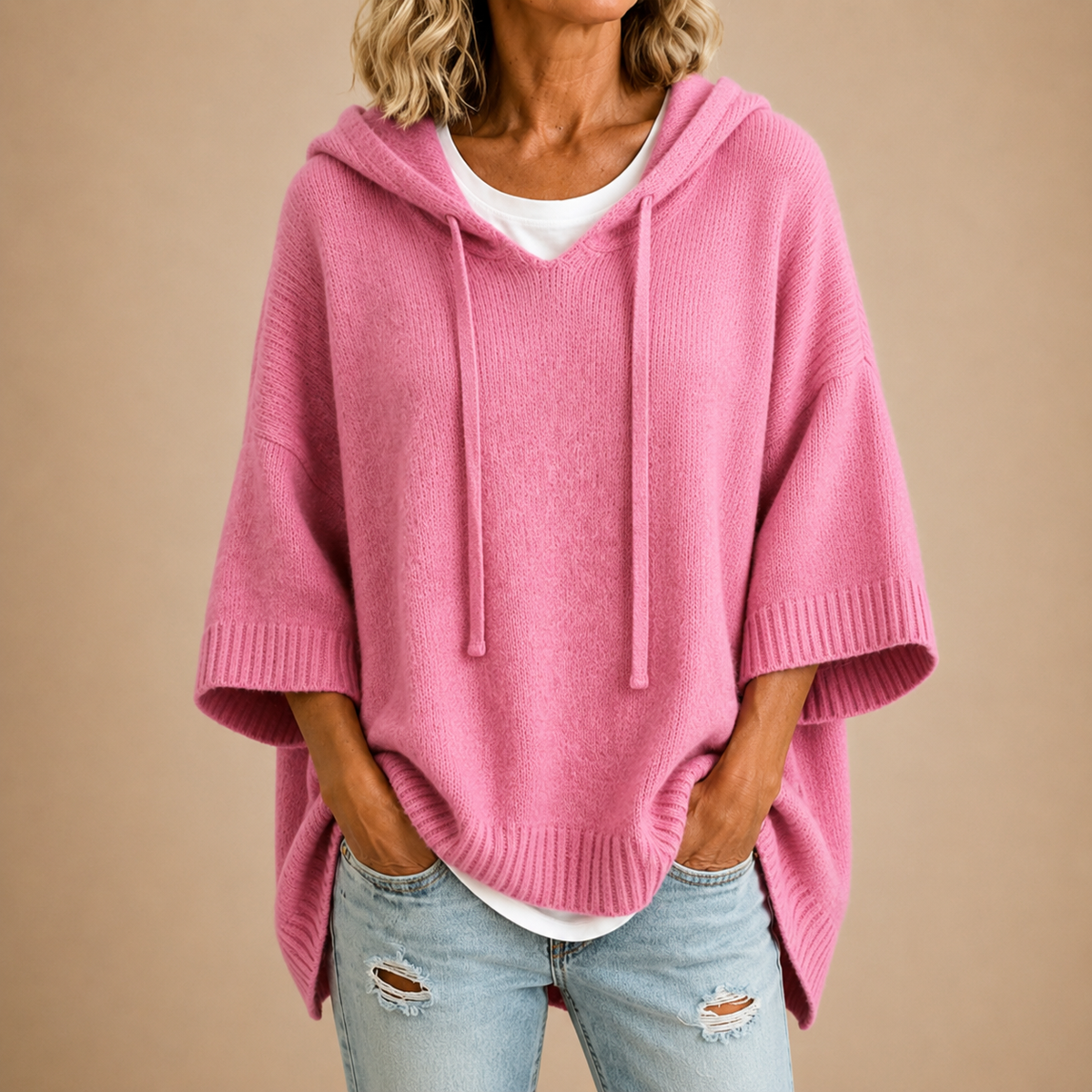 Oriana | Poncho de Punto con Capucha y Mangas Tres Cuartos
