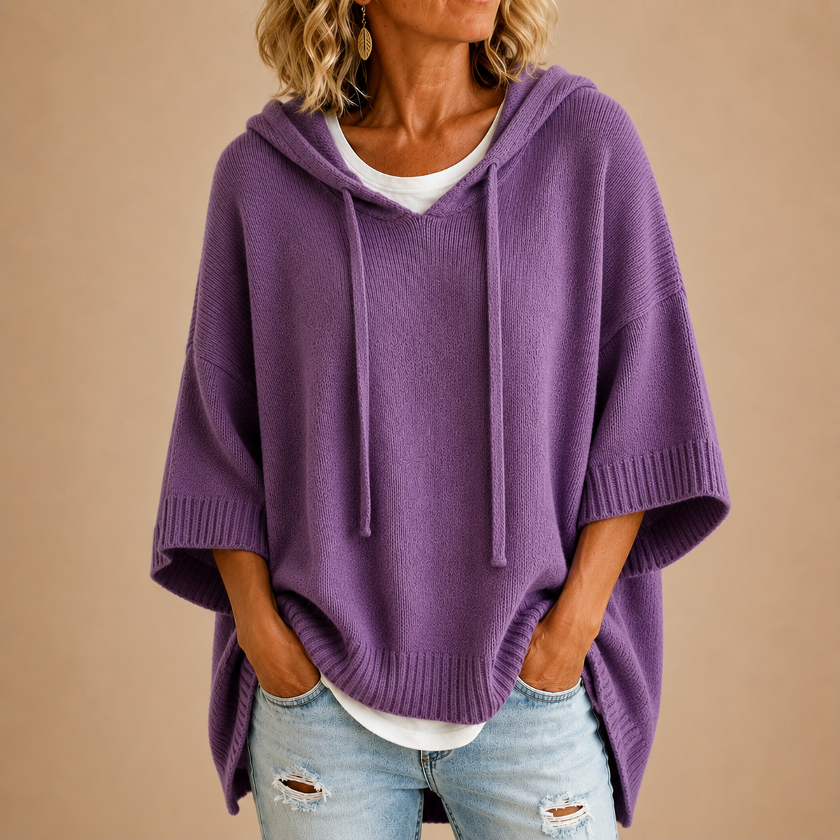 Oriana | Poncho de Punto con Capucha y Mangas Tres Cuartos