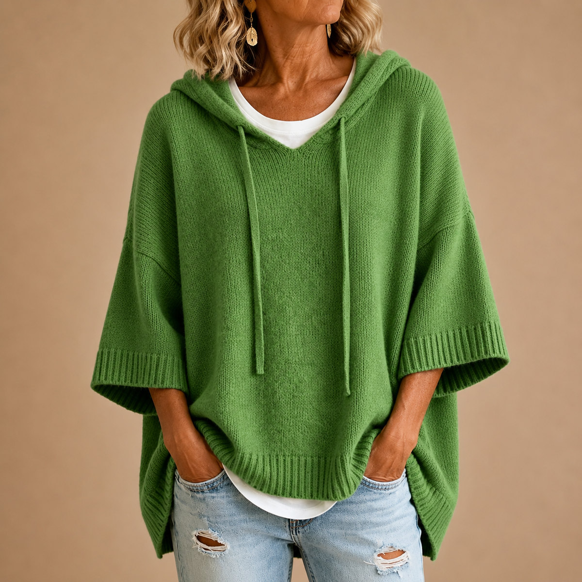 Oriana | Poncho de Punto con Capucha y Mangas Tres Cuartos