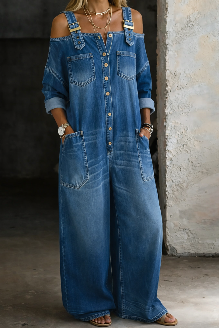 Cold-Shoulder Casual Denim Wide-Leg Jumpsuit