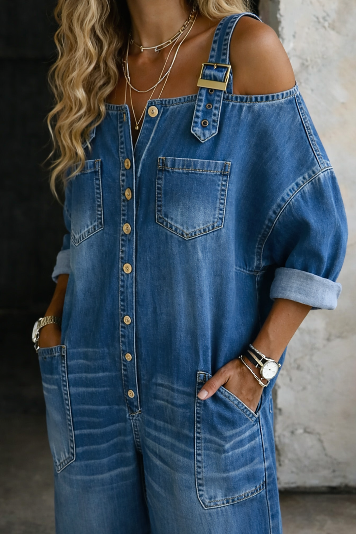 Cold-Shoulder Casual Denim Wide-Leg Jumpsuit