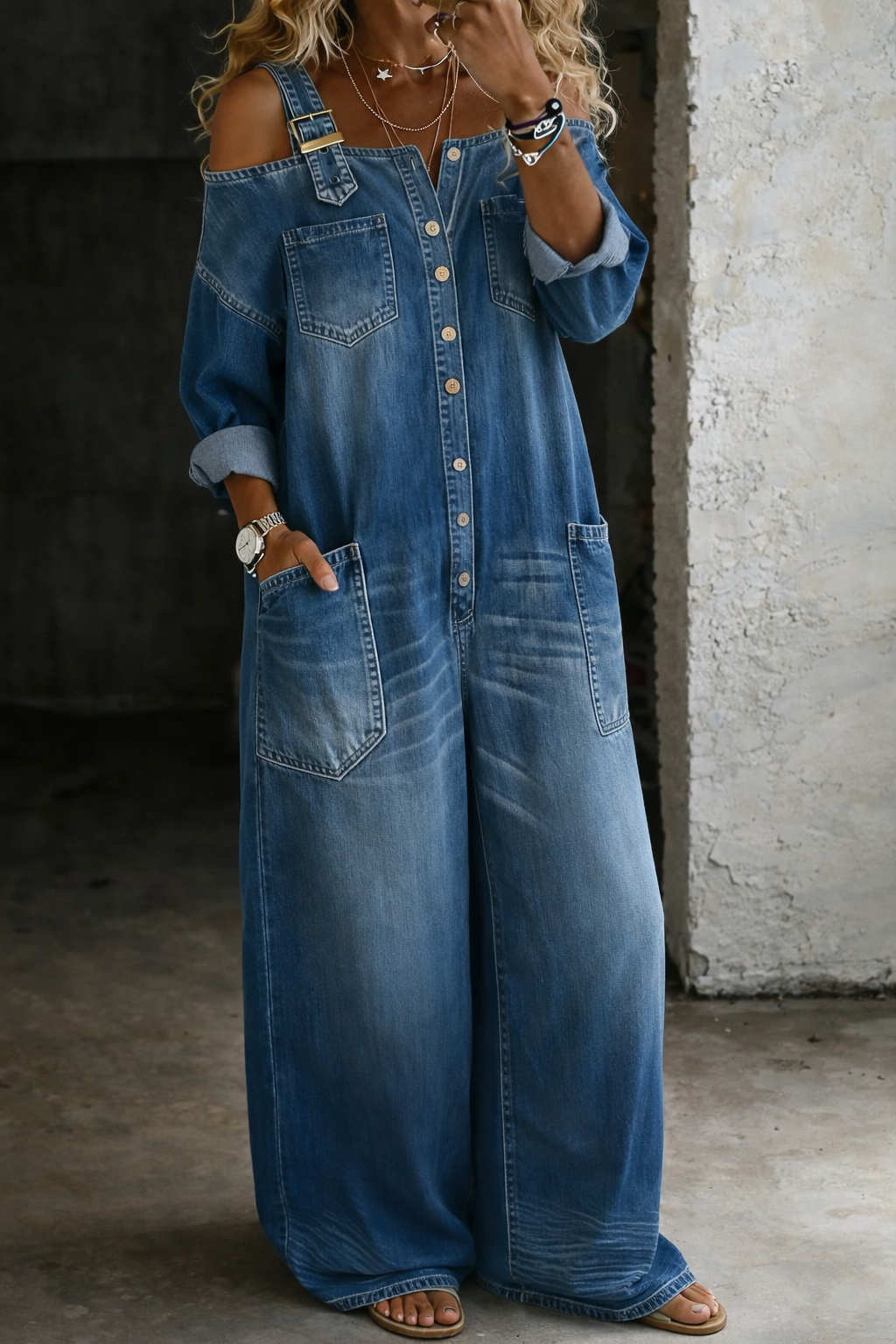 Cold-Shoulder Casual Denim Wide-Leg Jumpsuit