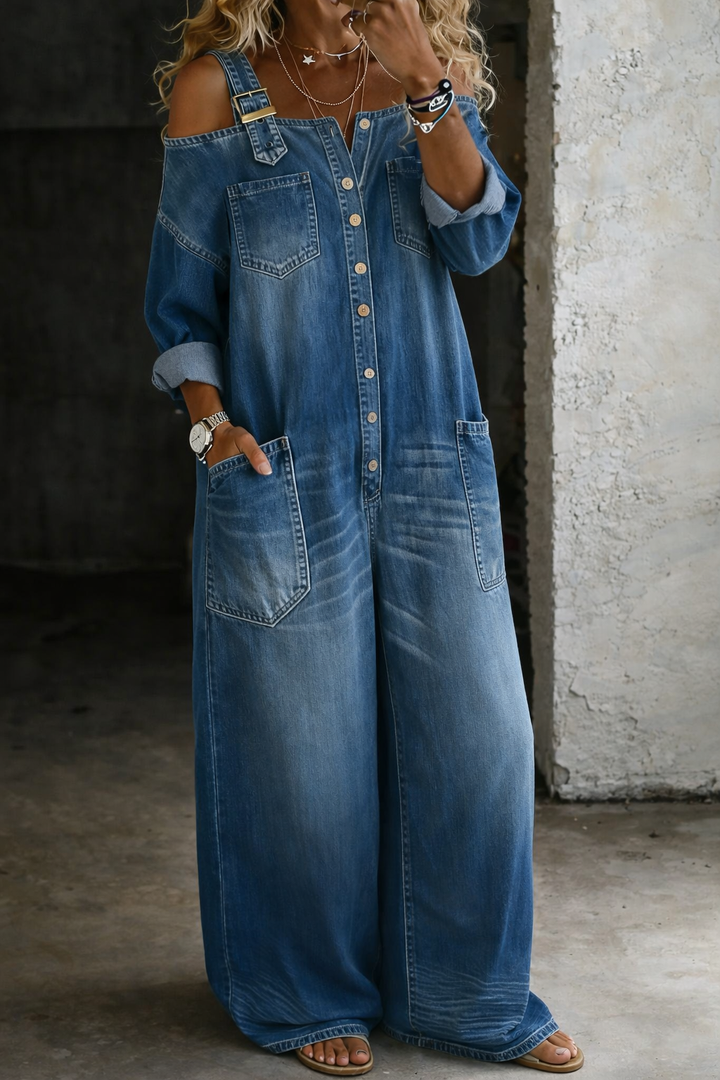 Cold-Shoulder Casual Denim Wide-Leg Jumpsuit