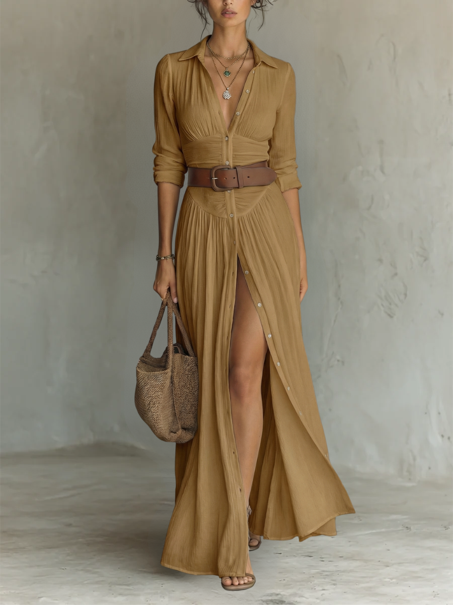 Vestido Maxi con Cuello de Solapa y Mangas Largas
