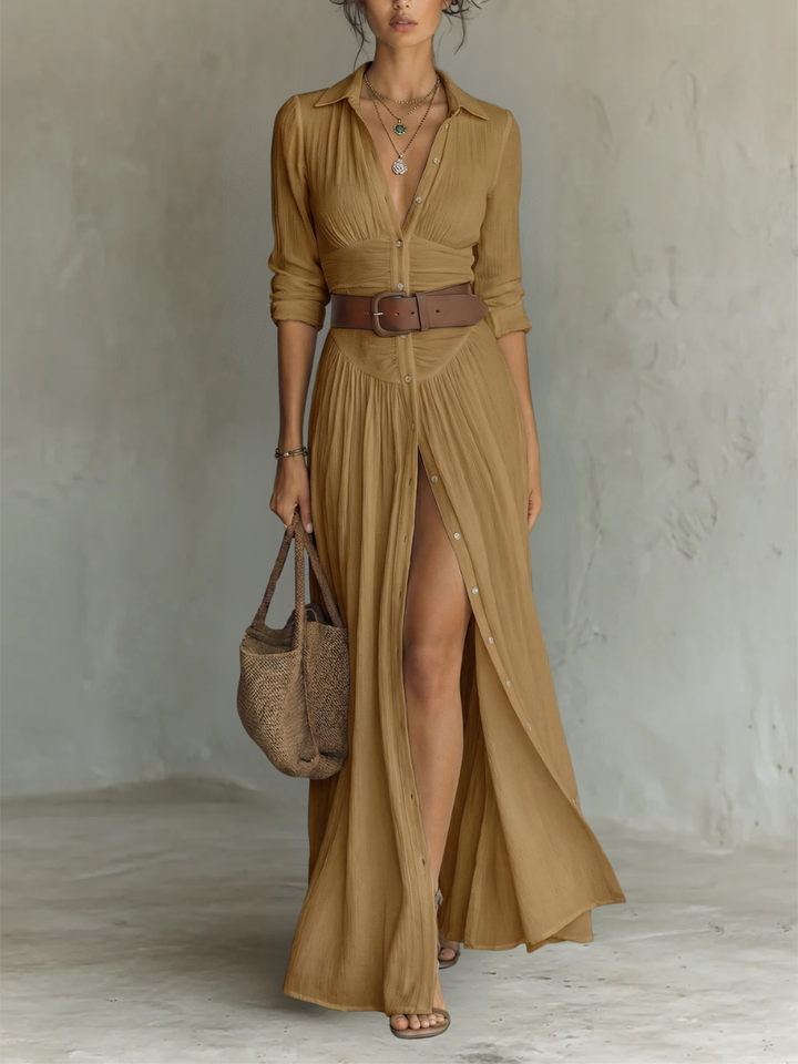 Vestido Maxi con Cuello de Solapa y Mangas Largas