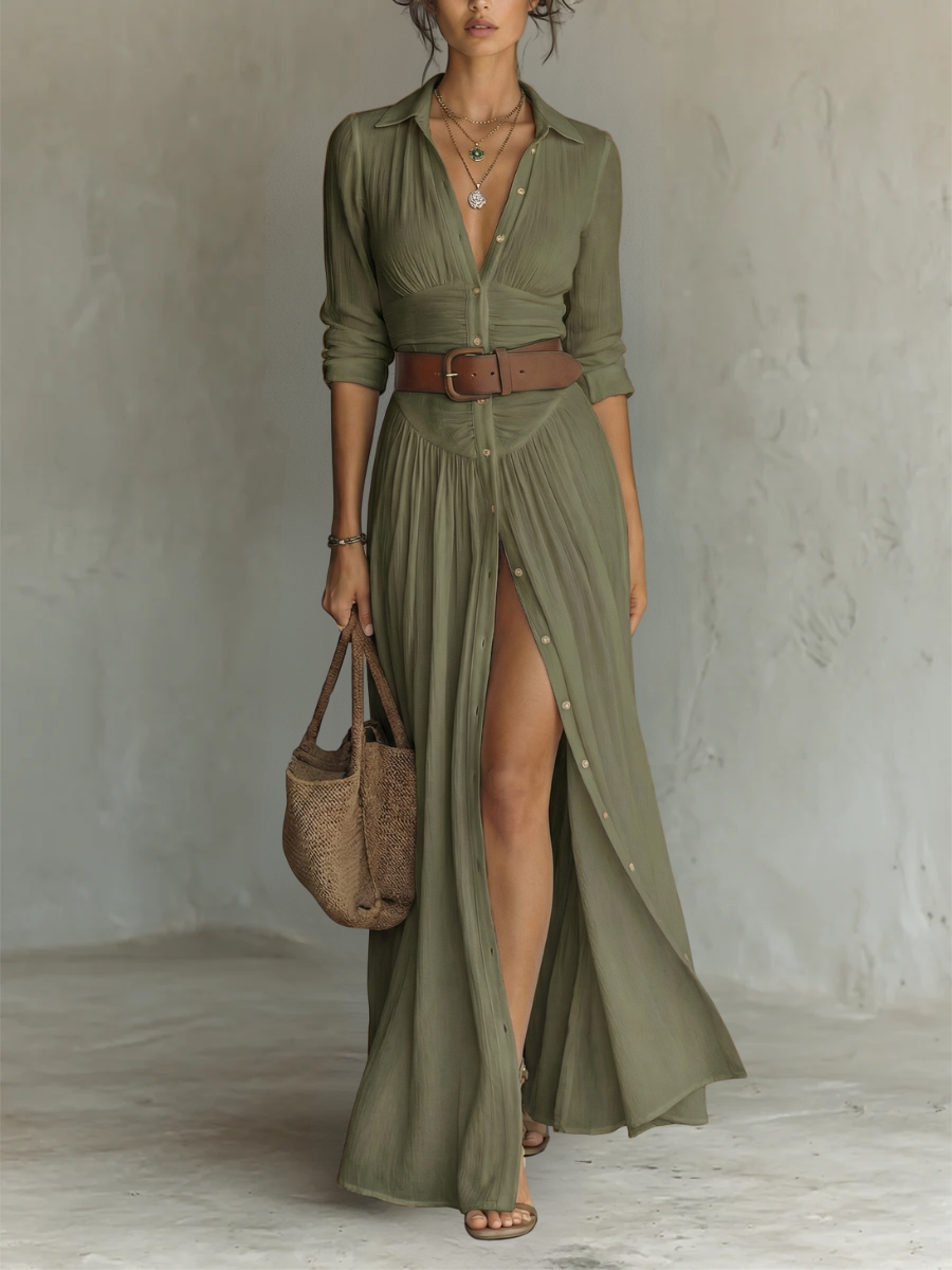 Vestido Maxi con Cuello de Solapa y Mangas Largas