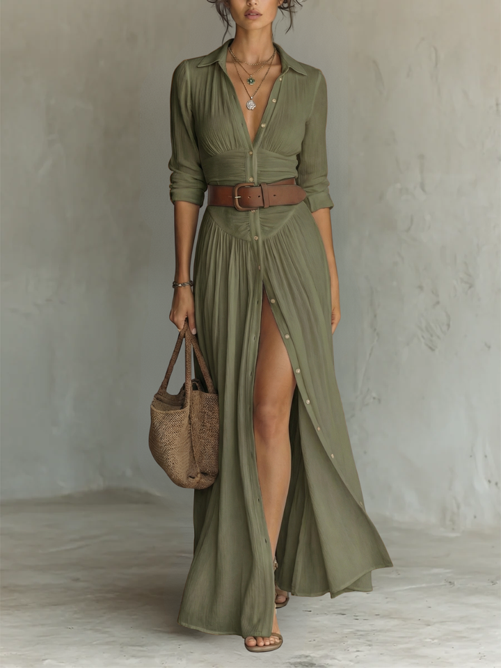 Vestido Maxi con Cuello de Solapa y Mangas Largas