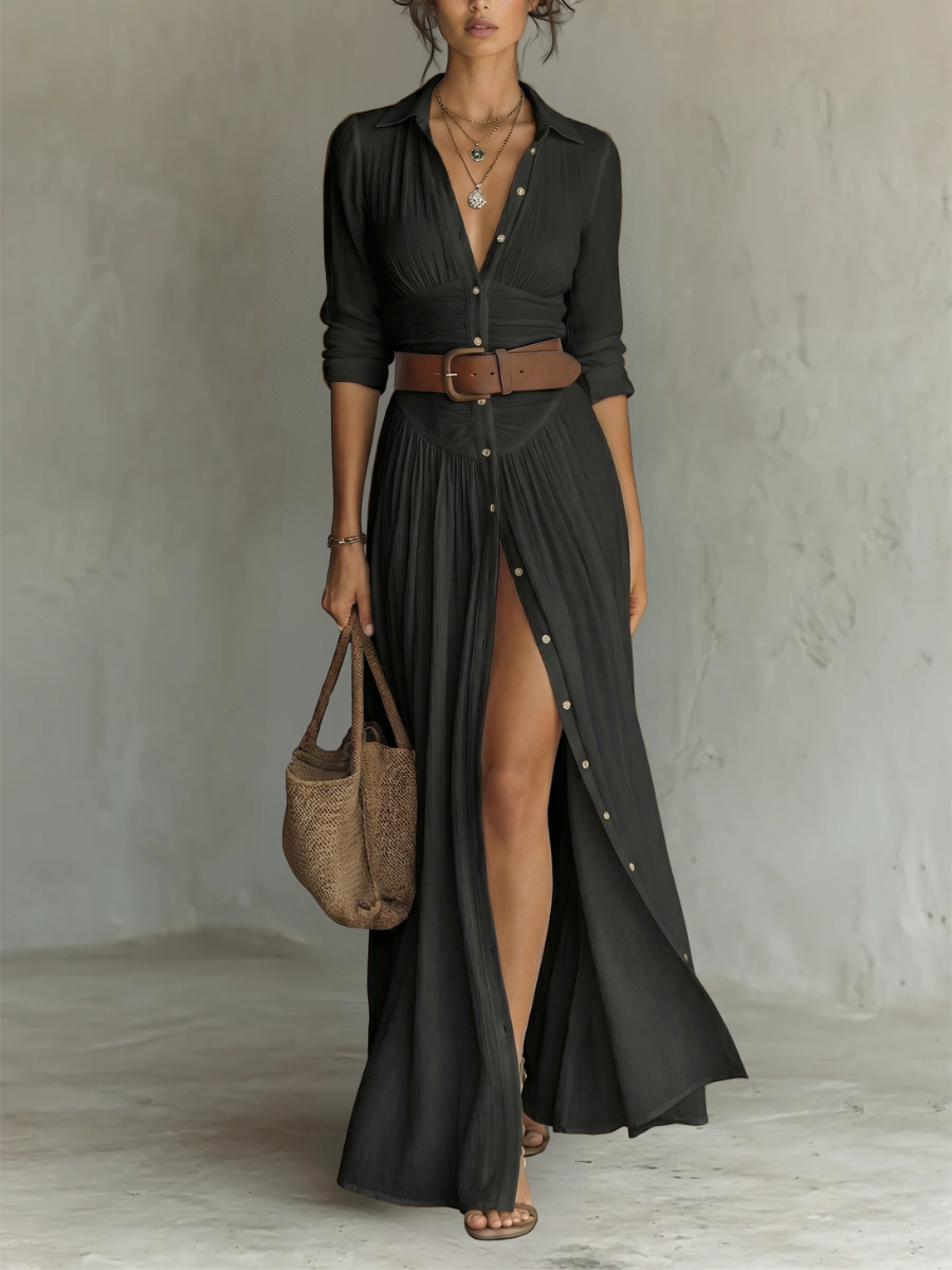 Vestido Maxi con Cuello de Solapa y Mangas Largas