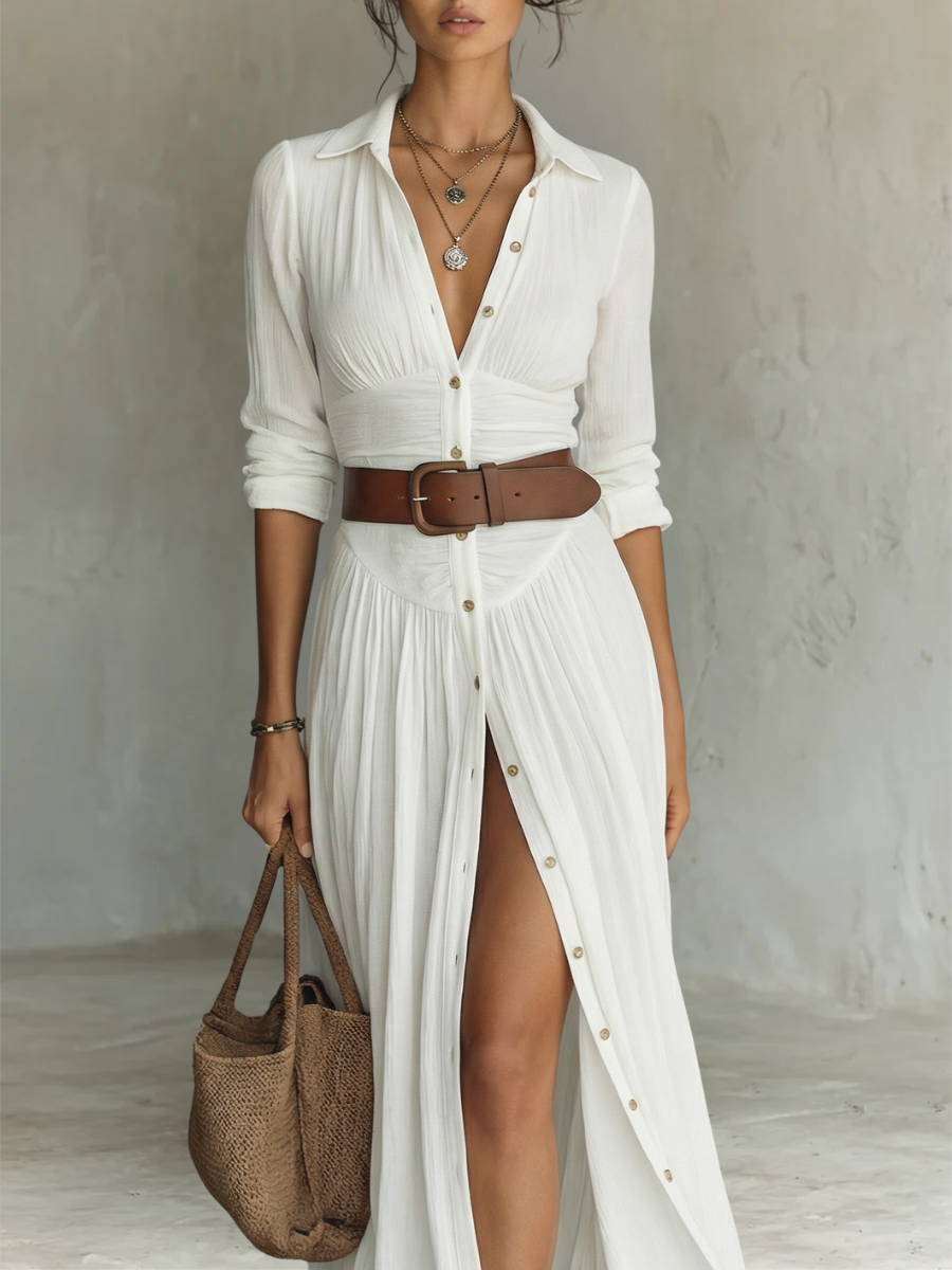 Vestido Maxi con Cuello de Solapa y Mangas Largas