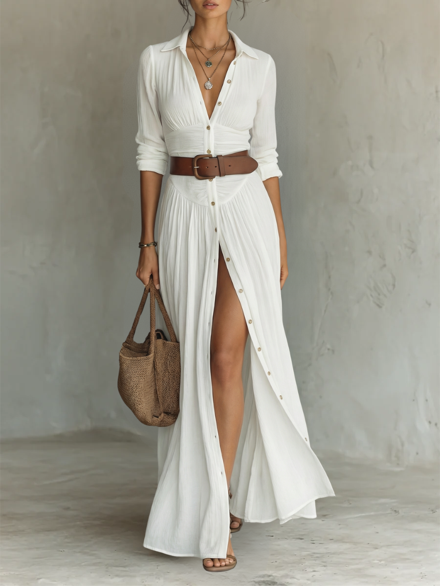 Vestido Maxi con Cuello de Solapa y Mangas Largas
