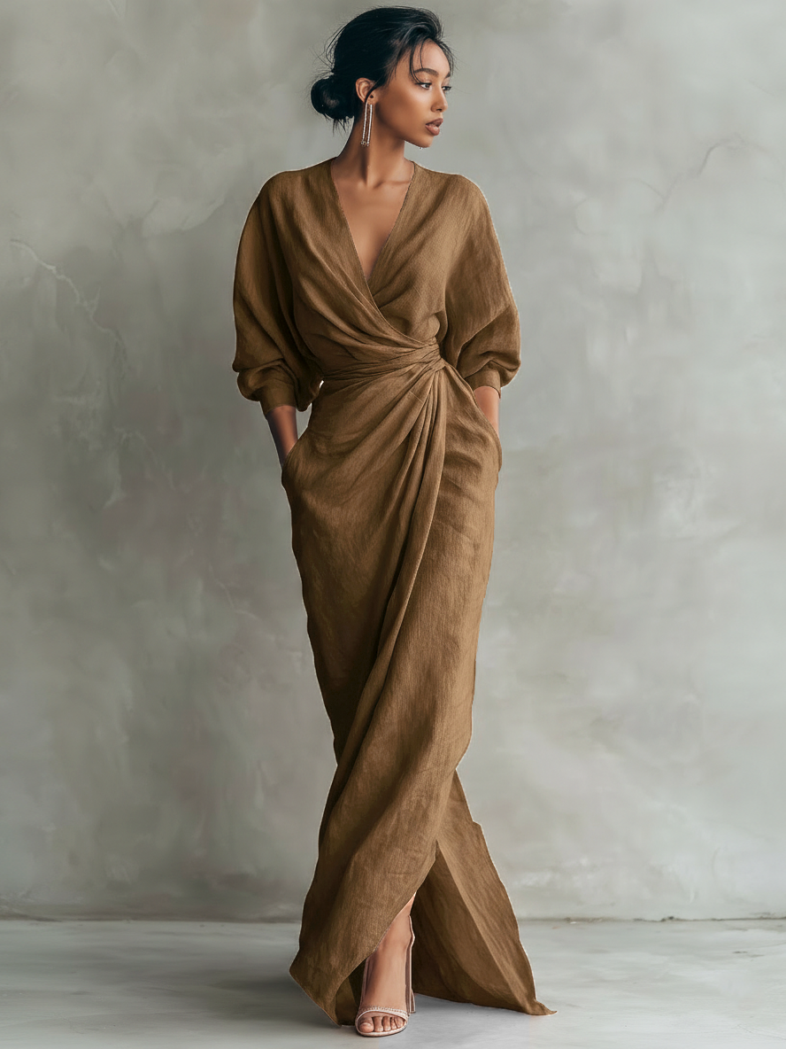 Vestido Maxi Minimalista Rosa con Escote en V para Mujer