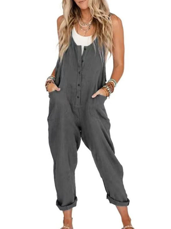 Button-Front Boho Linen Sleeveless Jumpsuit
