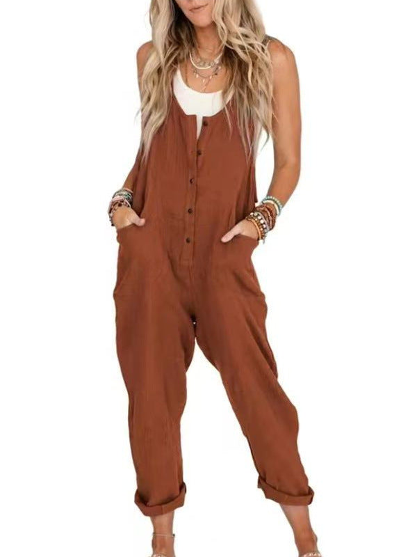 Button-Front Boho Linen Sleeveless Jumpsuit