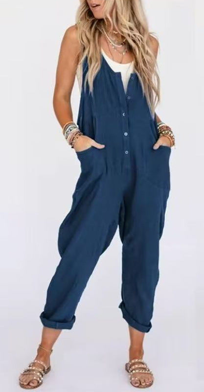 Button-Front Boho Linen Sleeveless Jumpsuit
