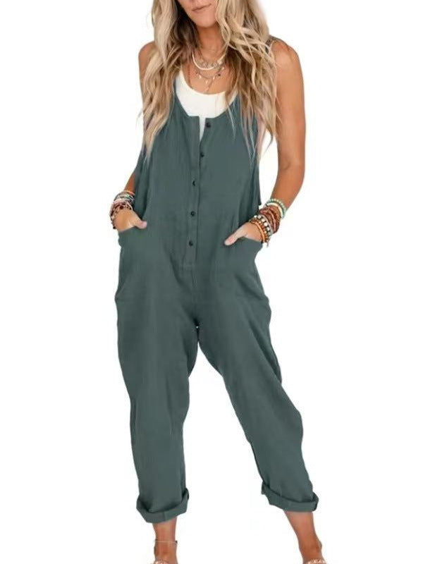Button-Front Boho Linen Sleeveless Jumpsuit