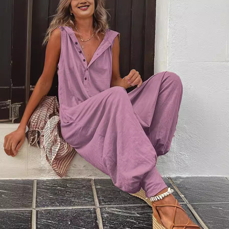 Comfortable Button Front Sleeveless Jumpsuit