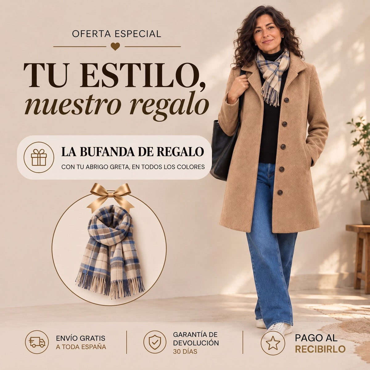 GRETA · ABRIGO DE PAÑO CON BUFANDA DE REGALO
