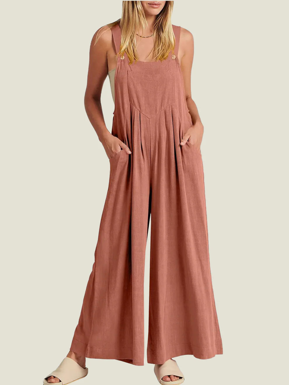 Comfortable Solid Button-Strap Relaxed Jumpsuit