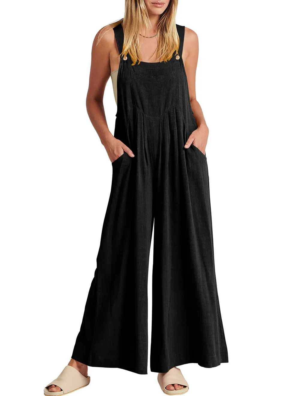 Comfortable Solid Button-Strap Relaxed Jumpsuit