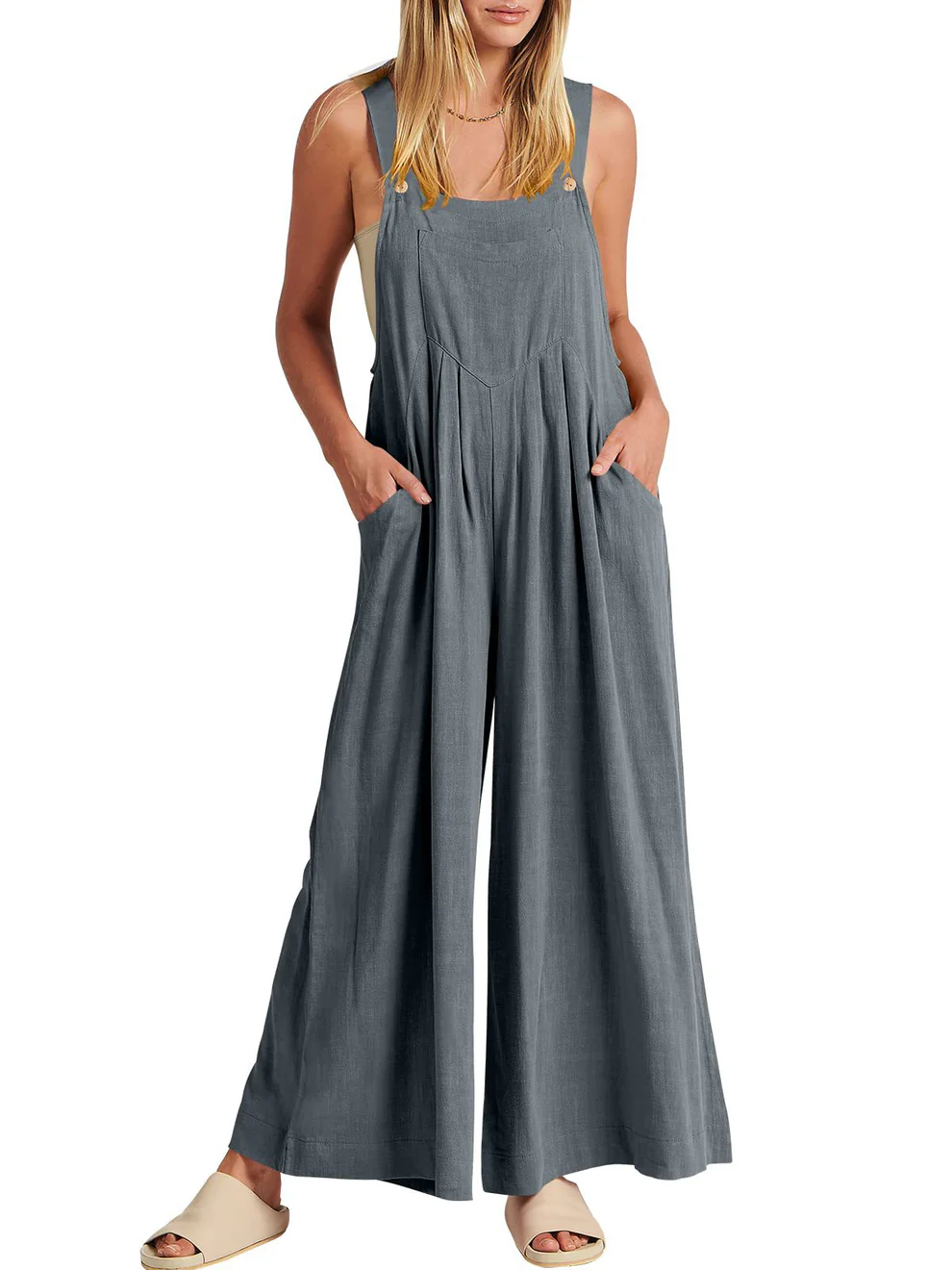 Comfortable Solid Button-Strap Relaxed Jumpsuit