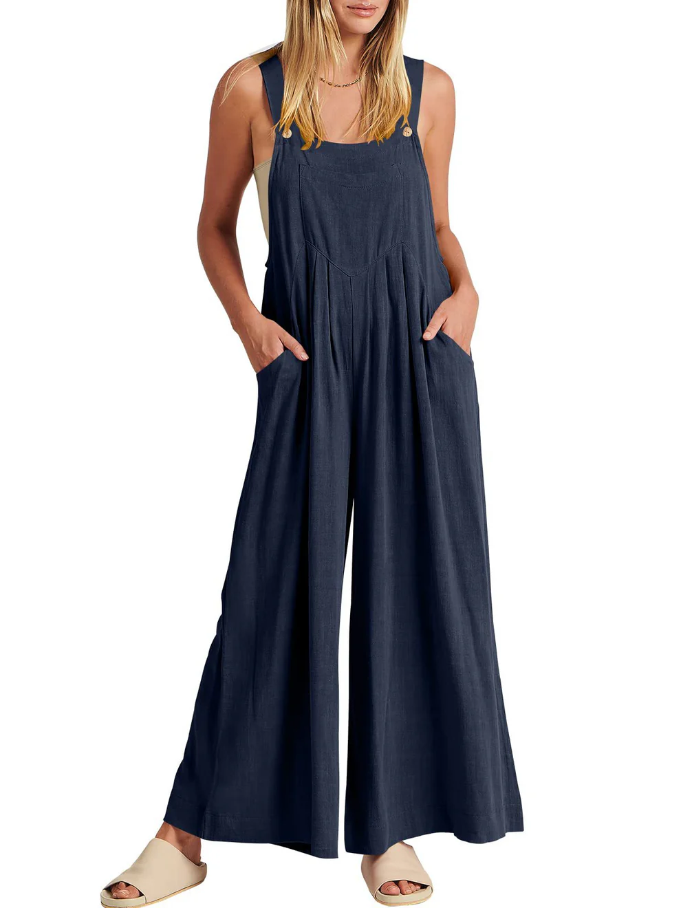 Comfortable Solid Button-Strap Relaxed Jumpsuit