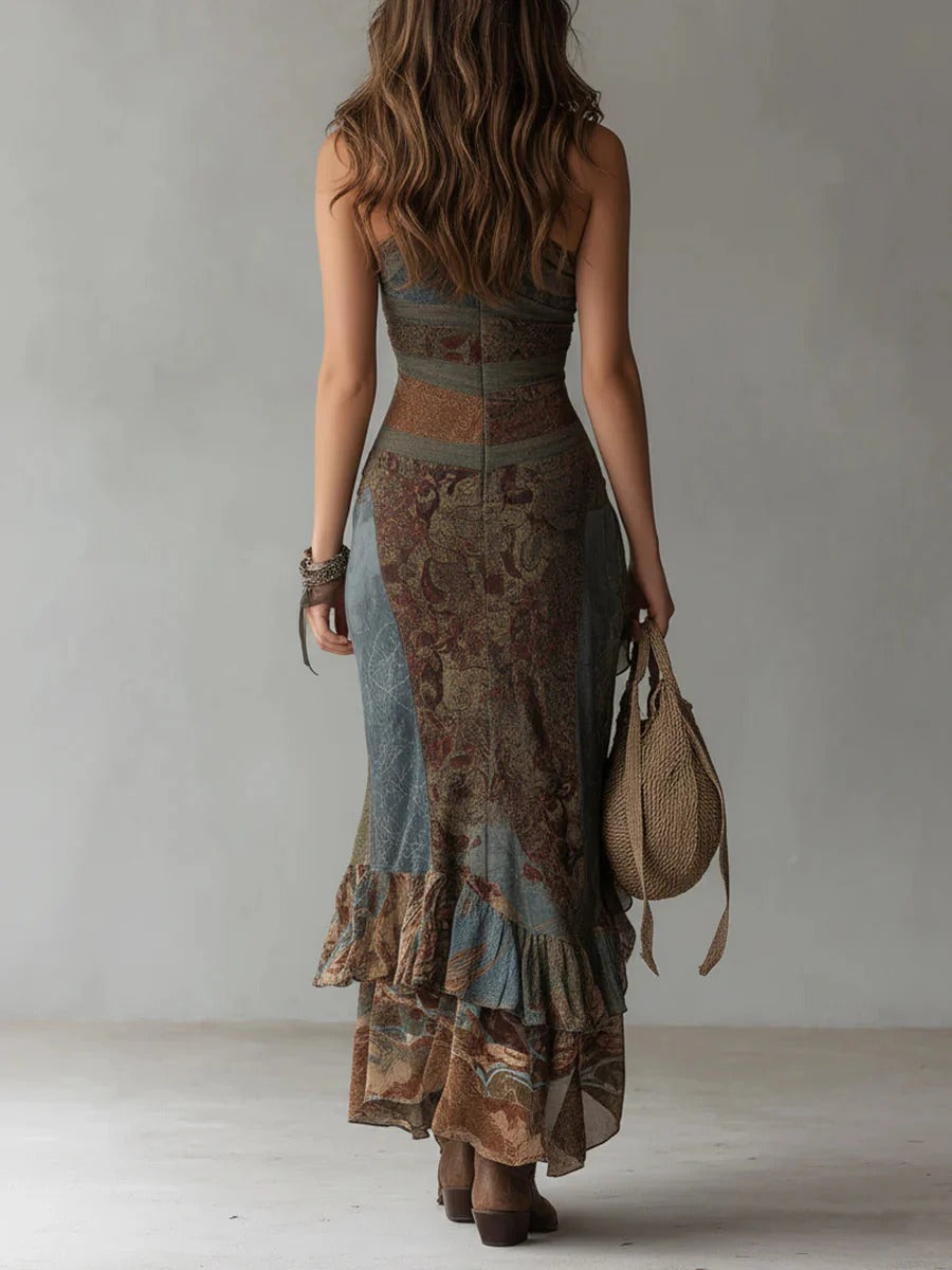 Elena | Vestido Largo Asimétrico de un Hombro con Estampado Étnico y Abertura Lateral