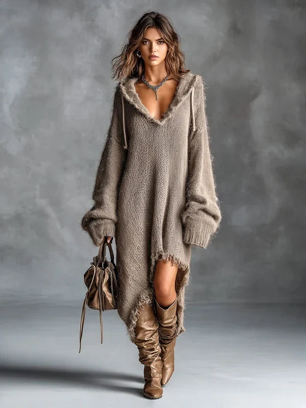 ELENA | VESTIDO LARGO CON CAPUCHA Y BAJO ASIMÉTRICO
