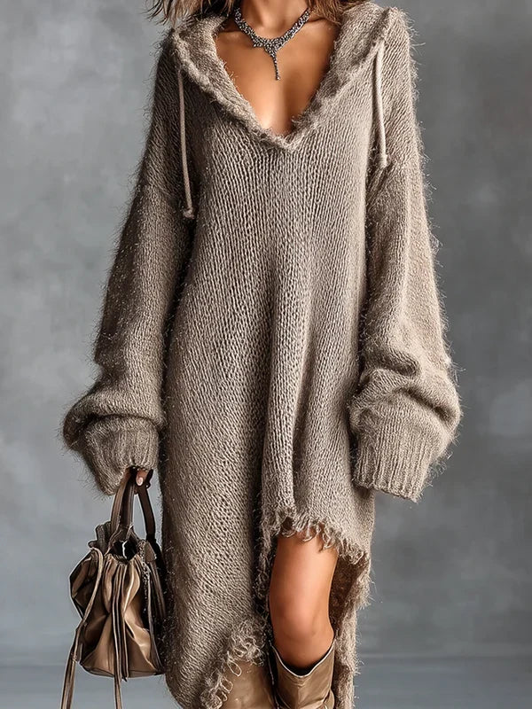ELENA | VESTIDO LARGO CON CAPUCHA Y BAJO ASIMÉTRICO