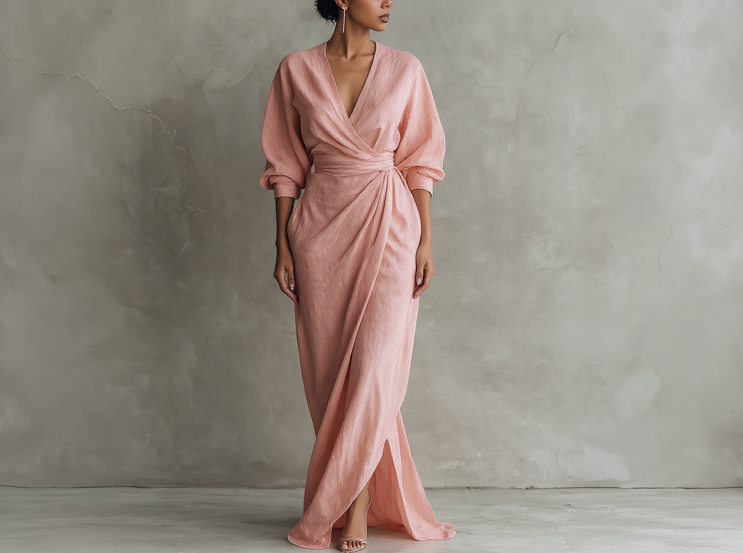 Vestido Maxi Minimalista Rosa con Escote en V para Mujer