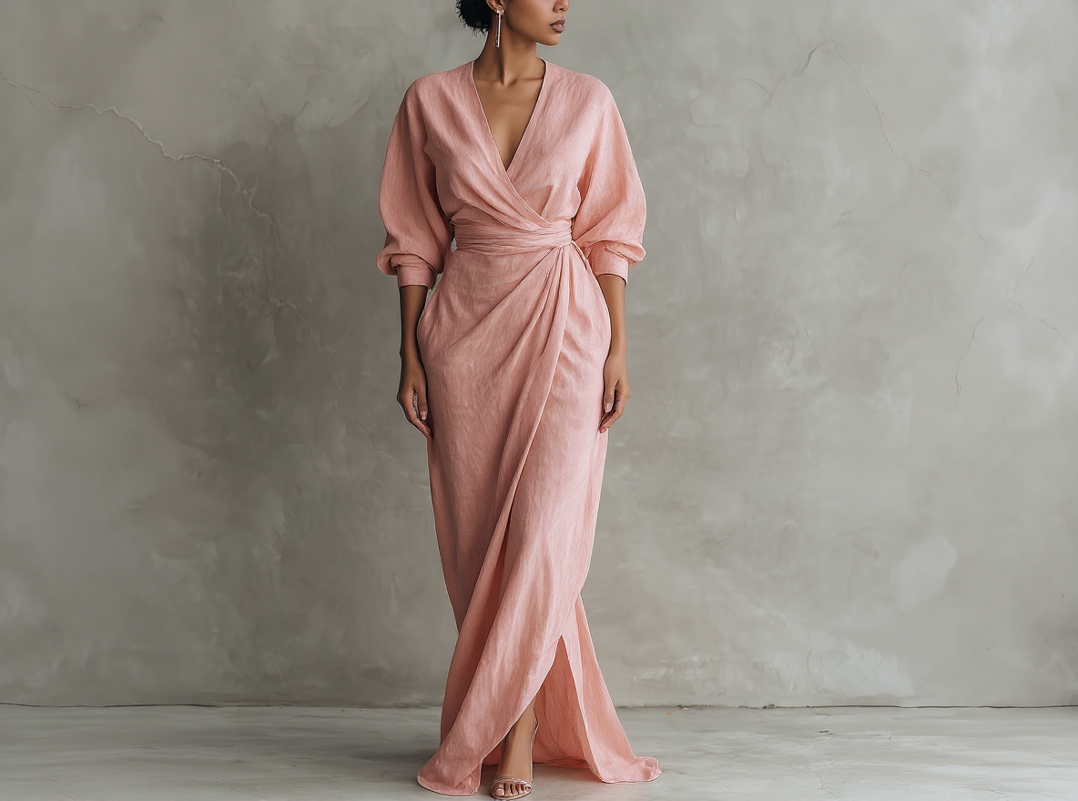 Vestido Maxi Minimalista Rosa con Escote en V para Mujer