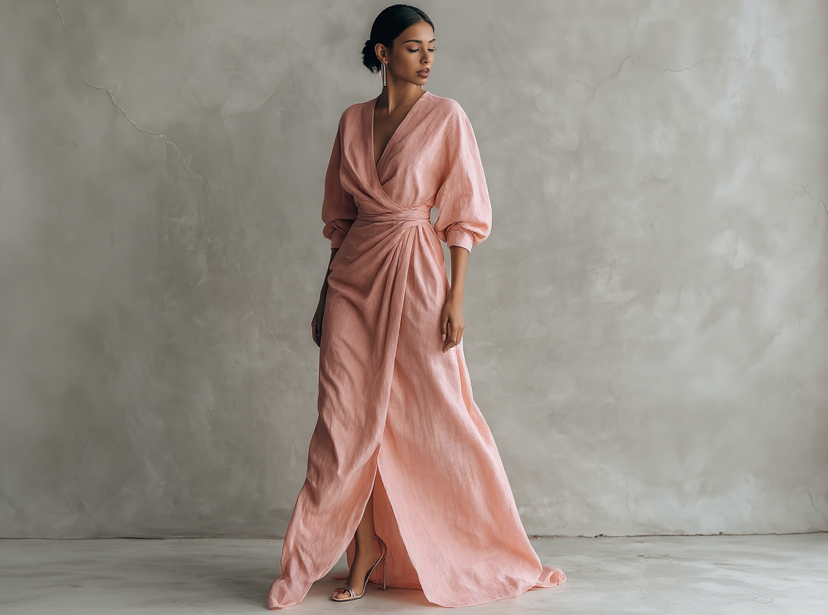 Vestido Maxi Minimalista Rosa con Escote en V para Mujer