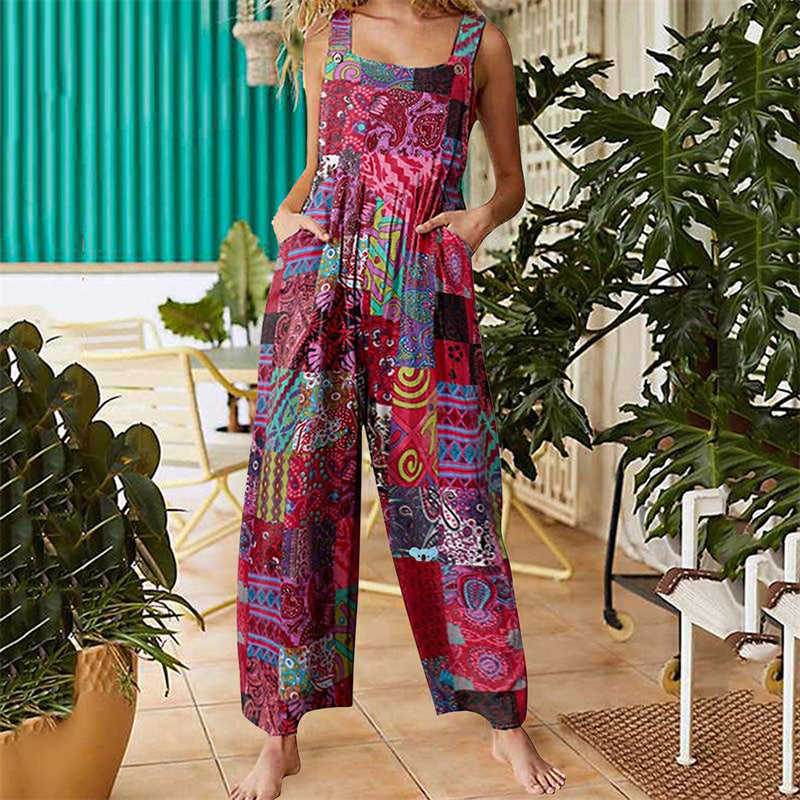 Floral Print Boho Sleeveless Wide-Leg Jumpsuit